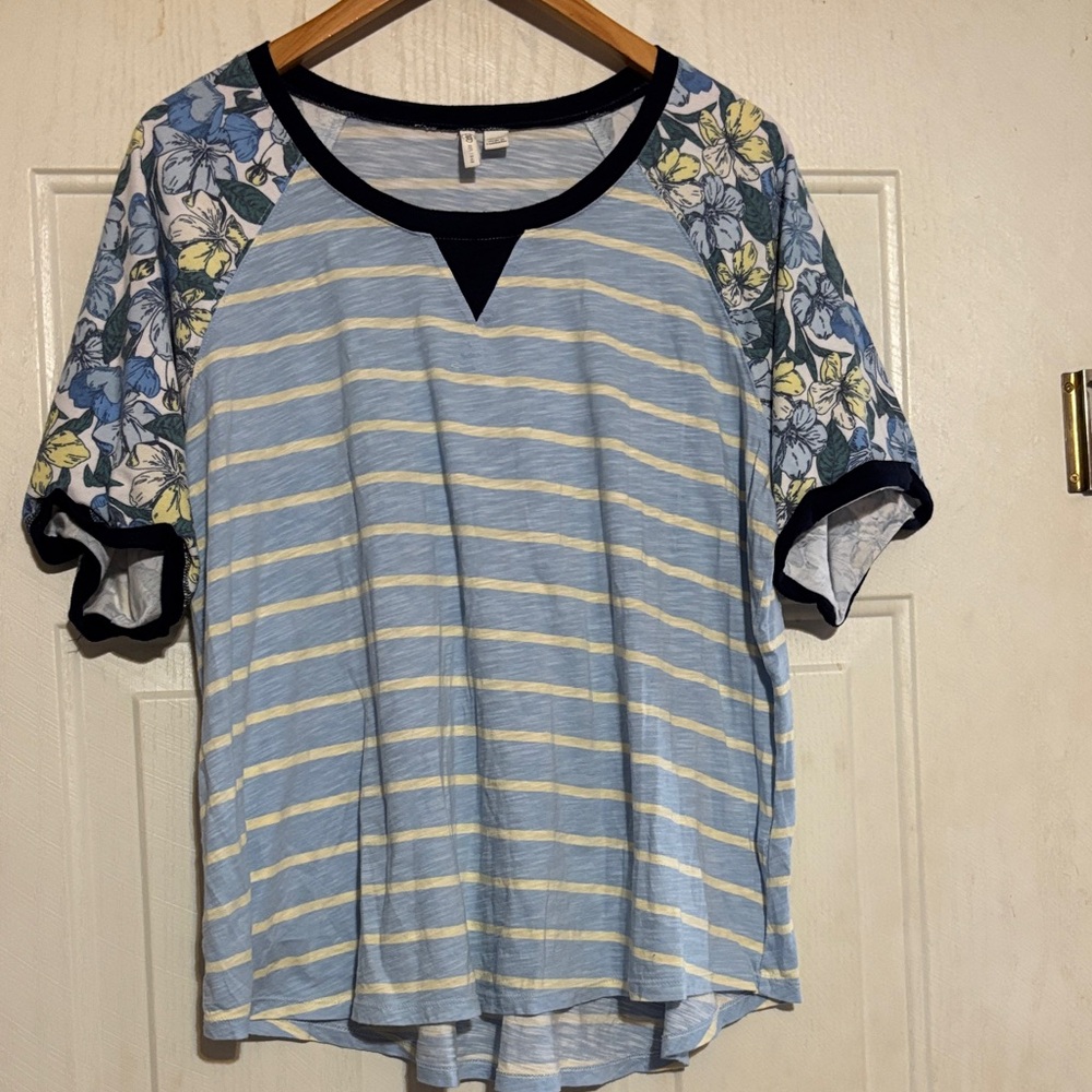 Cato Blue Striped Top with‎ Floral Sleeves
